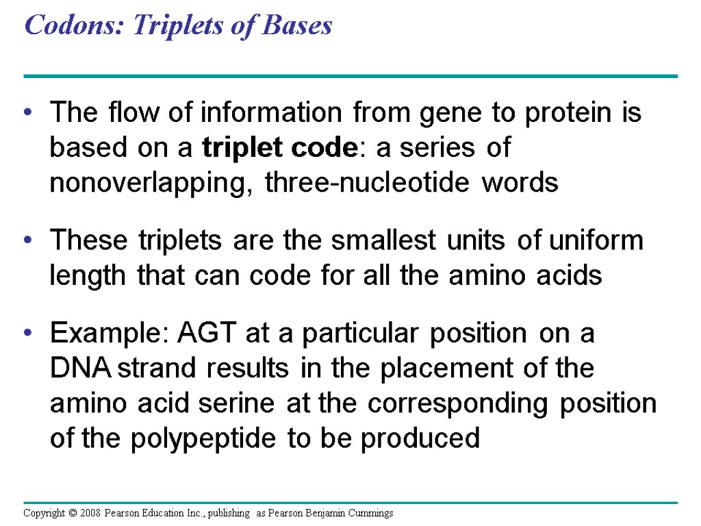 Codons: Triplets of Bases The flow of information from gene to protein is based